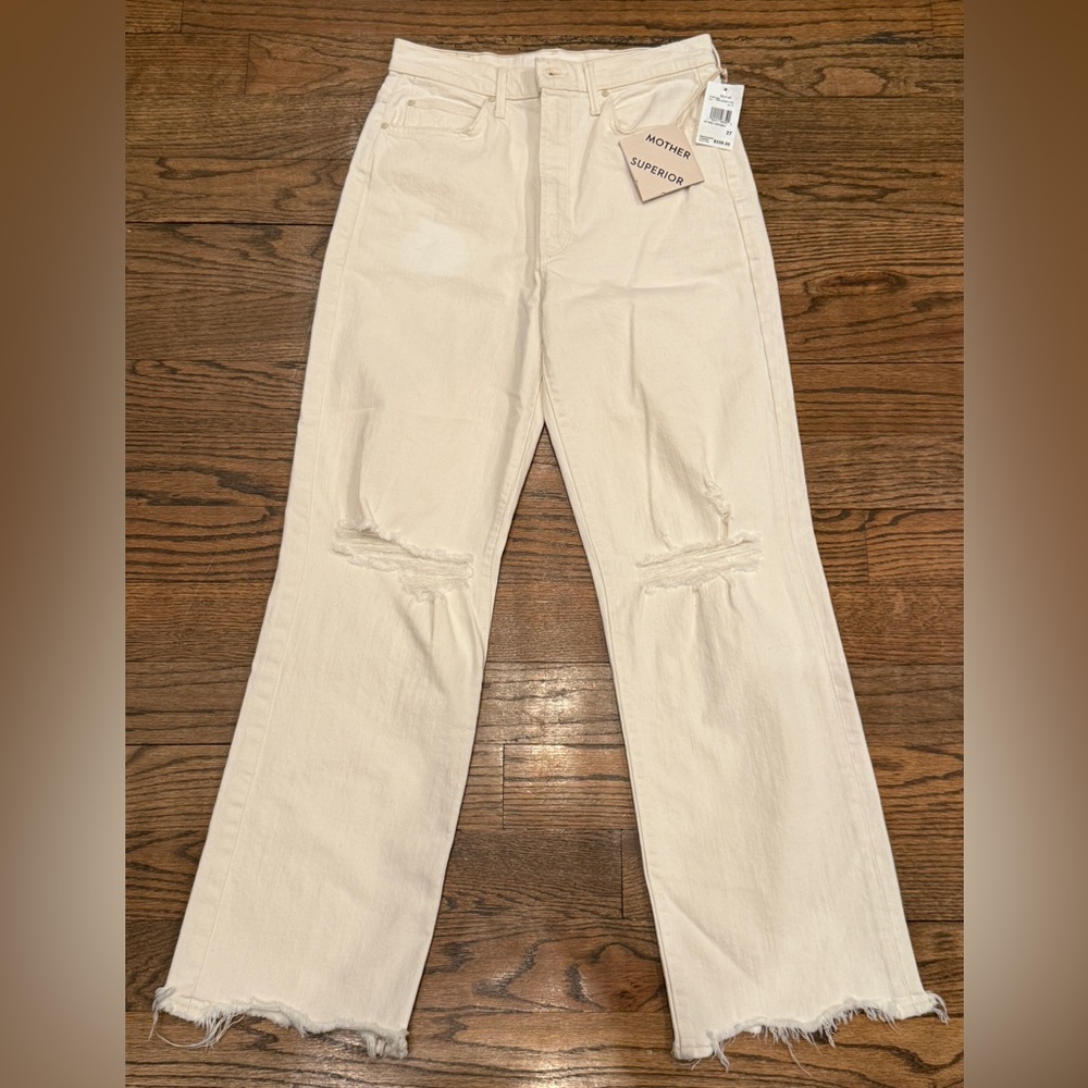 Mother Superior White Distressed Straight Leg Jeans Size 27 Raw Hem NWT